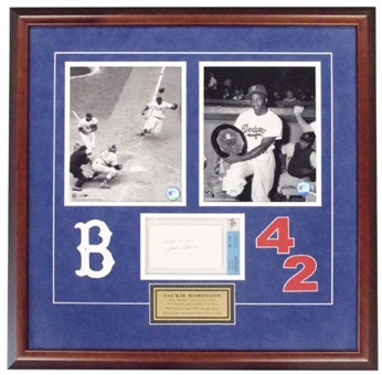 Jackie Robinson Boldly Signed 3x5 Index Card In Framed Display